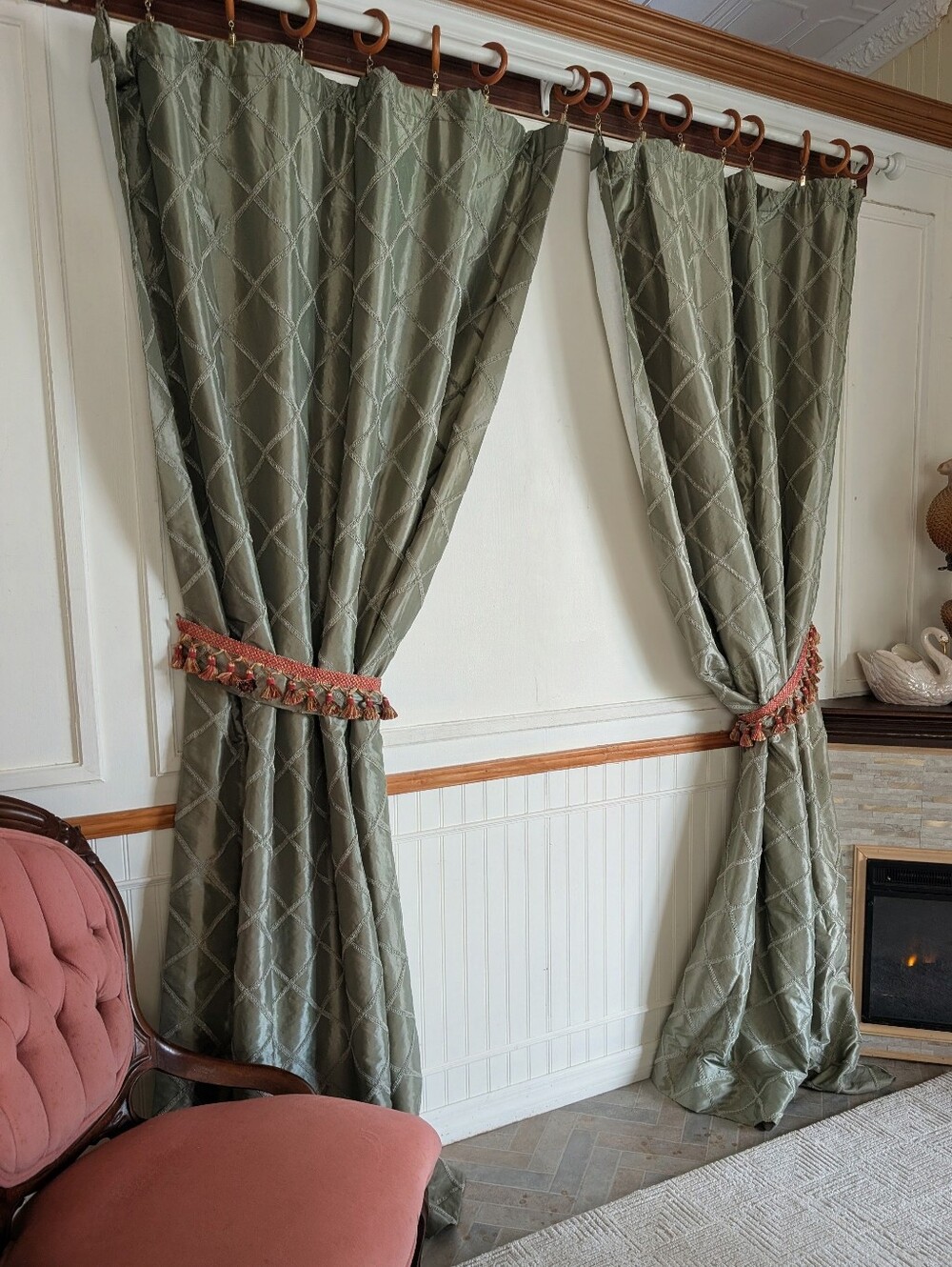 Custom Curtain Panels (2) Green Satin 100W x 87L Cotton Lined Tie Backs Tassel - Picture 2 of 14